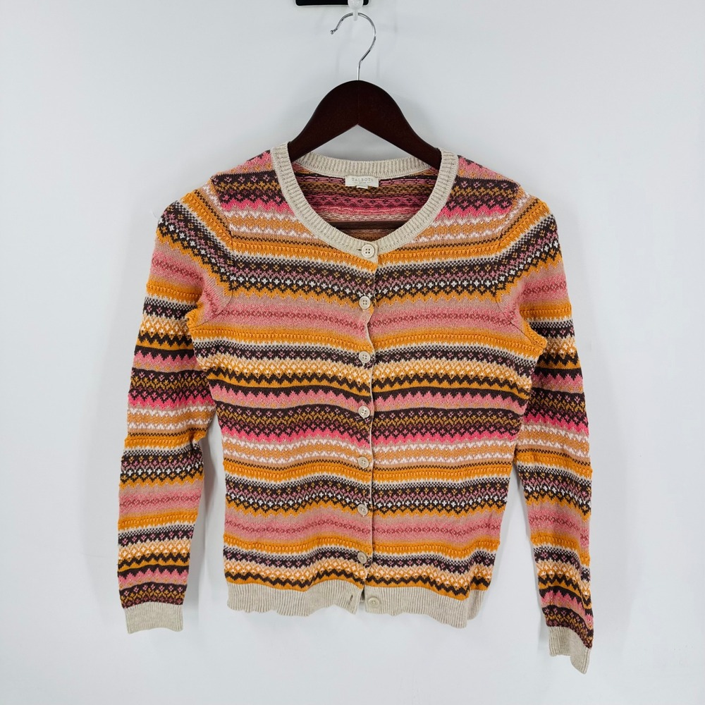 Talbots Petites Fair Isle Cardigan Pink Orange Size Small Nordic Preppy Heritage